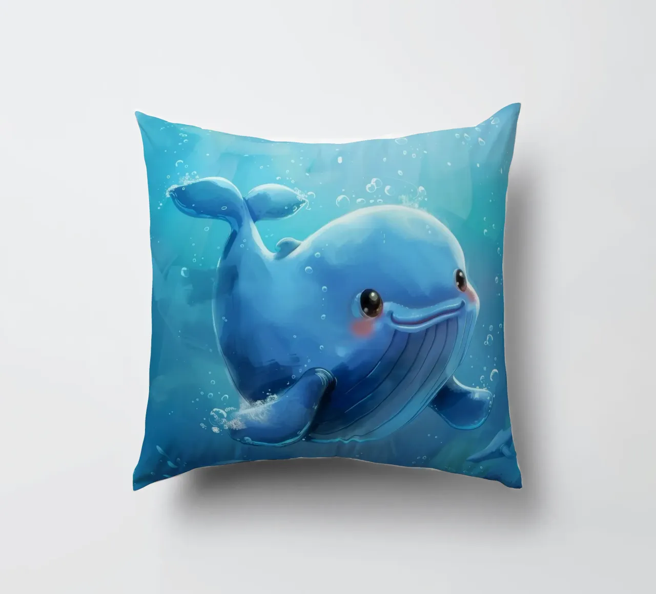 Affascinante balenottera azzurra che nuota giocosamente in un luminoso sottofondo cuscino da DesignDoodle