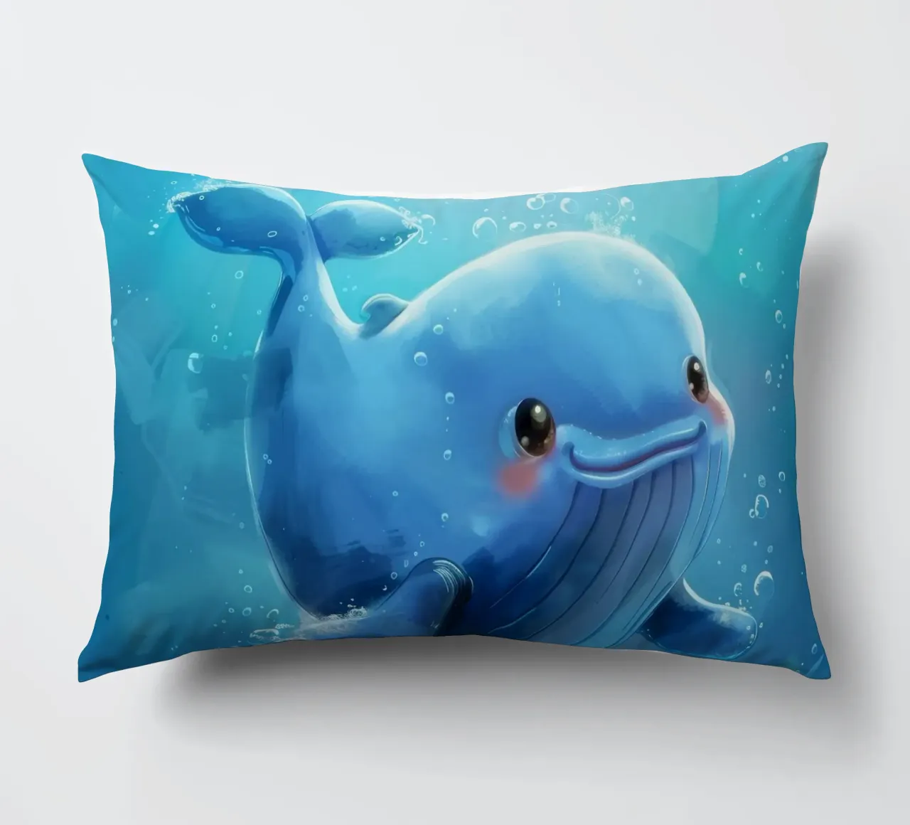 Affascinante balenottera azzurra che nuota giocosamente in un luminoso sottofondo cuscino da DesignDoodle