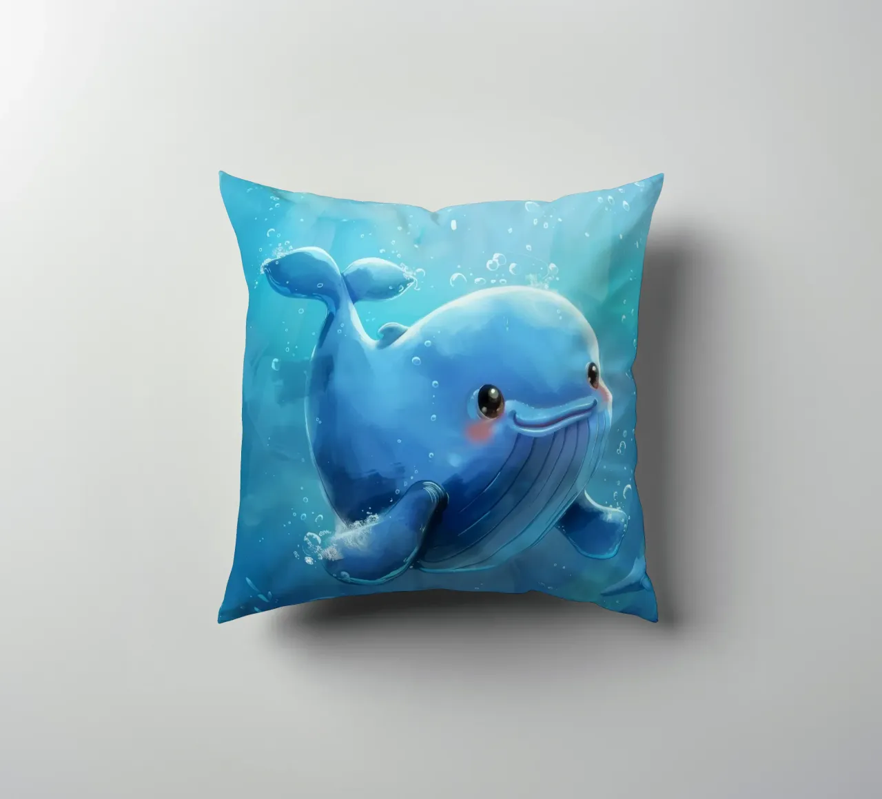 Affascinante balenottera azzurra che nuota giocosamente in un luminoso sottofondo cuscino da DesignDoodle