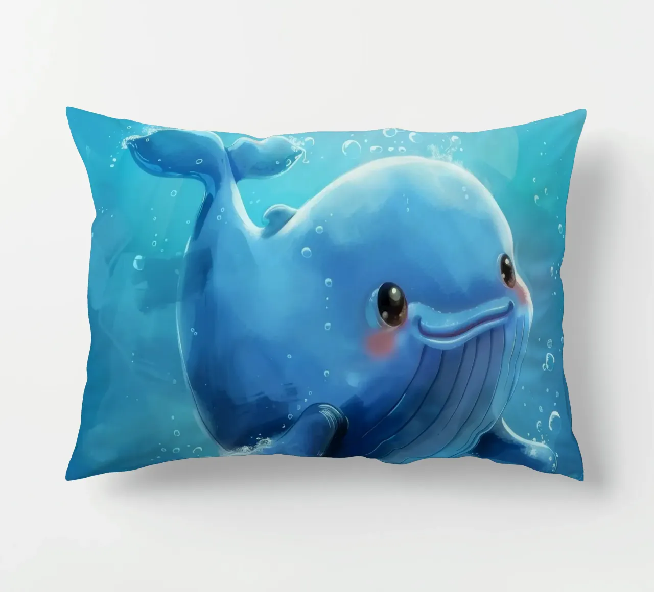 Affascinante balenottera azzurra che nuota giocosamente in un luminoso sottofondo cuscino da DesignDoodle
