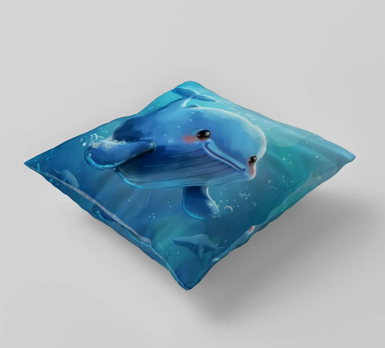Affascinante balenottera azzurra che nuota giocosamente in un luminoso sottofondo cuscino da DesignDoodle