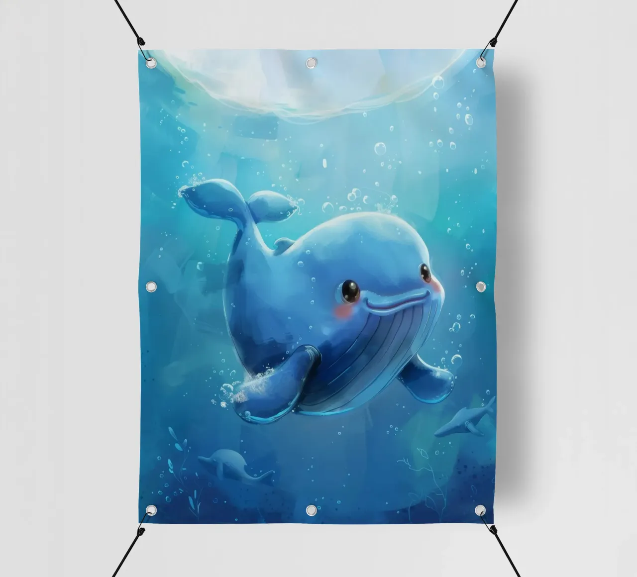 Affascinante balenottera azzurra che nuota giocosamente in un luminoso sottofondo telo in pvc da DesignDoodle