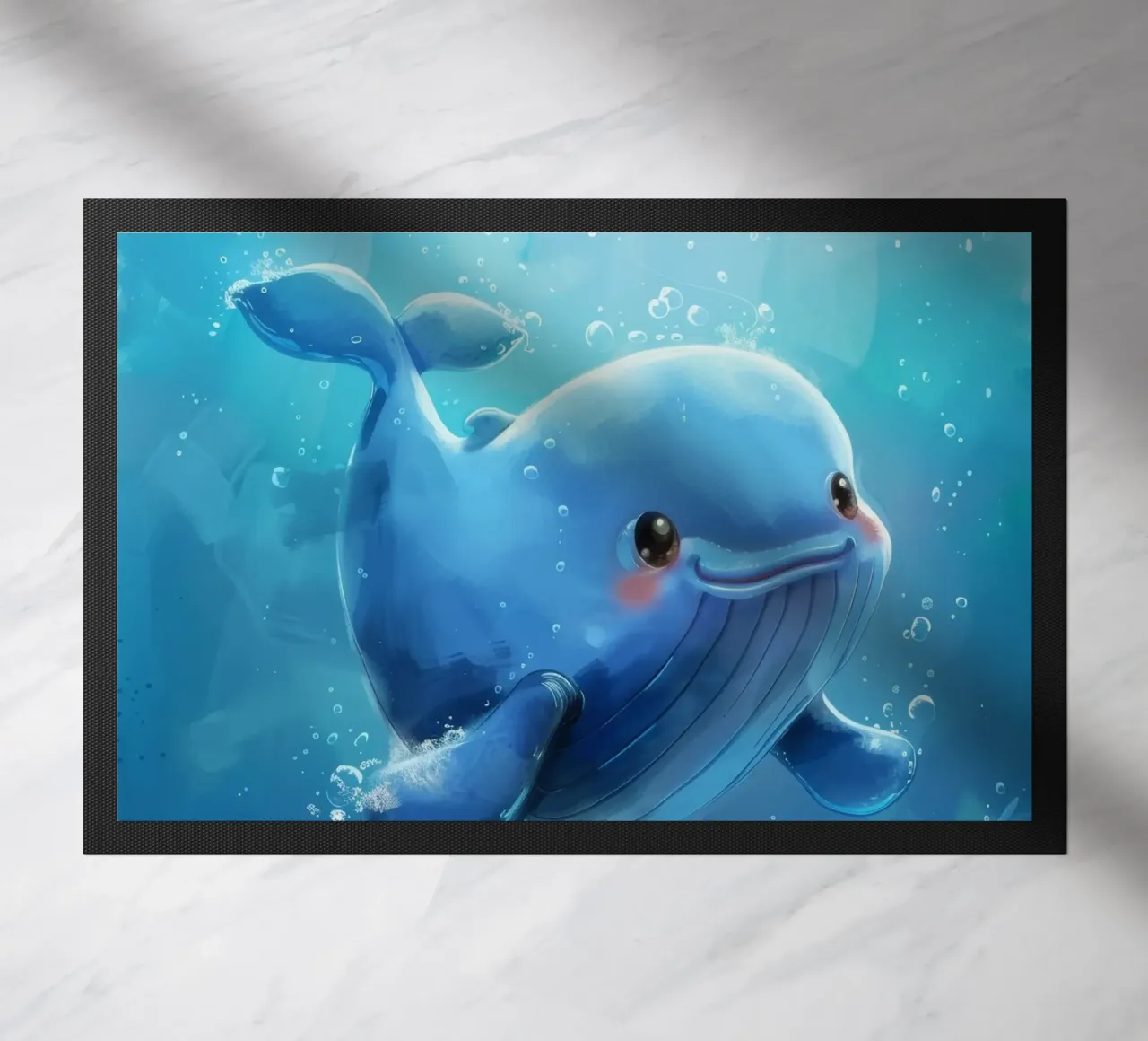 Affascinante balenottera azzurra che nuota giocosamente in un luminoso sottofondo zerbino da DesignDoodle