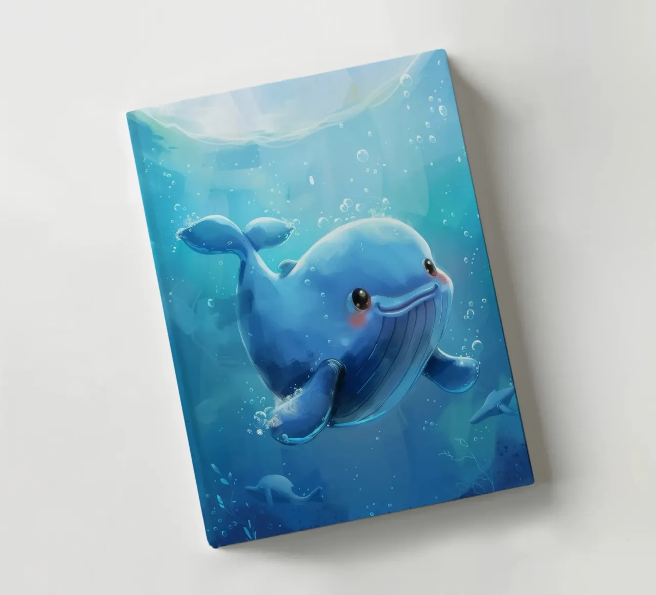 Charming blue whale swimming playfully in a bright underwate notebook by DesignDoodle