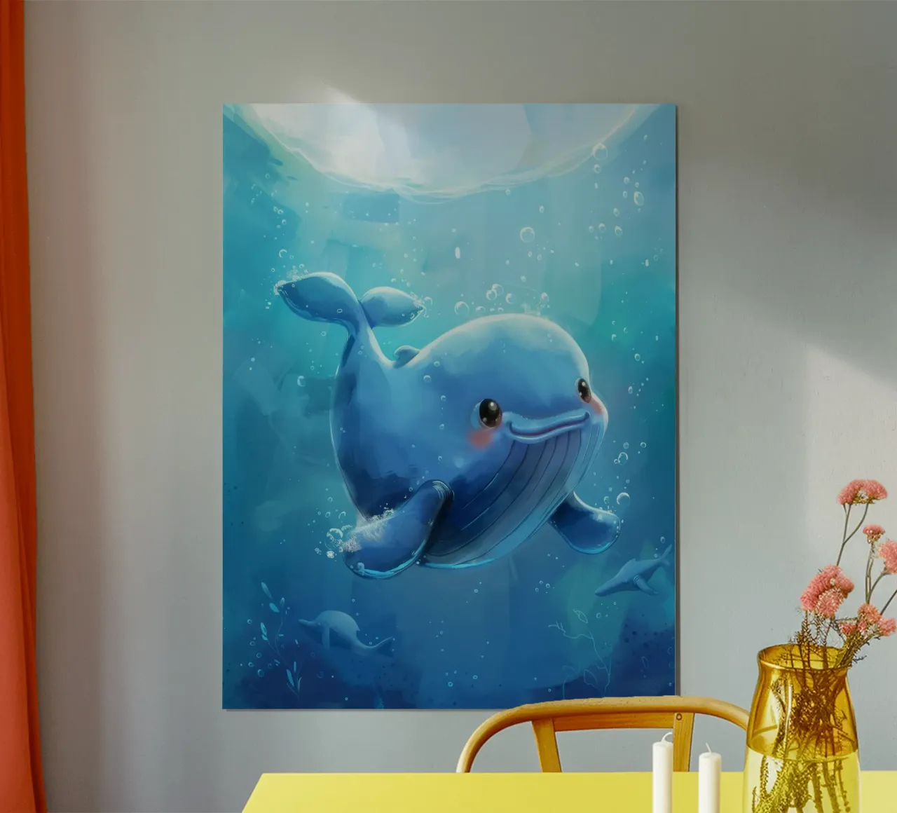 Charming blue whale swimming playfully in a bright underwate poster by DesignDoodle
