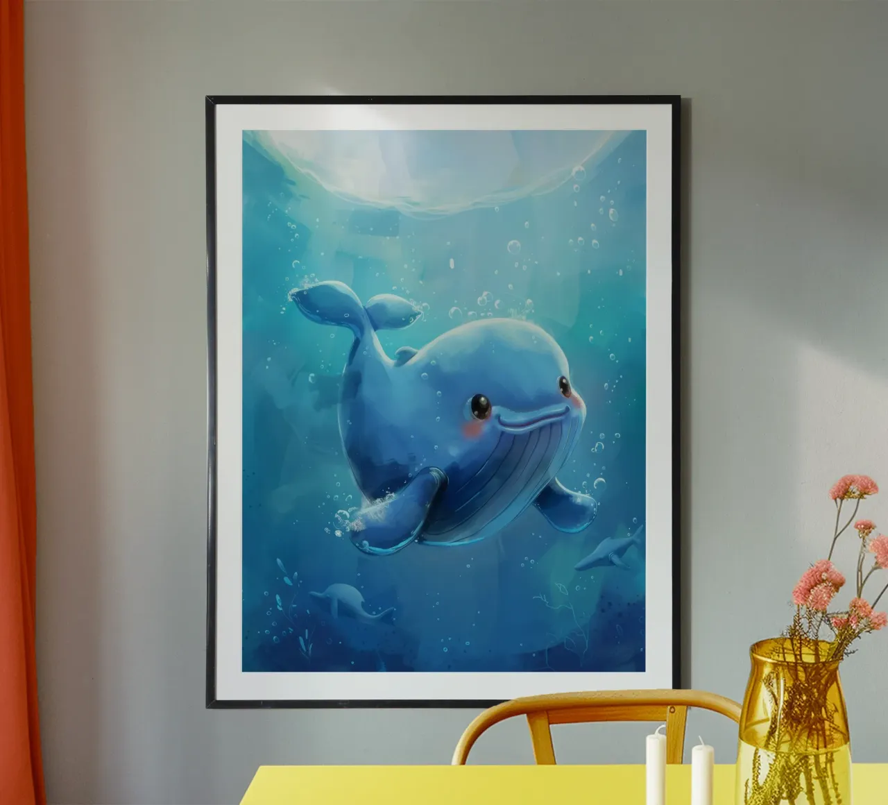 Charming blue whale swimming playfully in a bright underwate poster by DesignDoodle