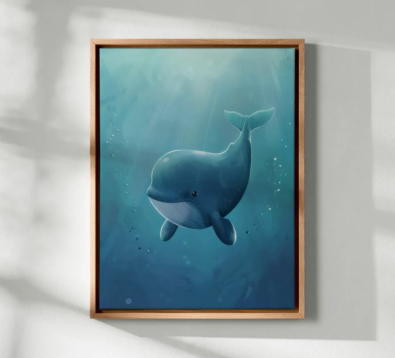 Whale swimming gracefully in deep ocean waters illuminated canvas with Floater frame by DesignDoodle