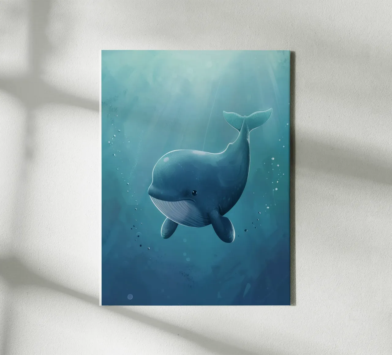 Whale swimming gracefully in deep ocean waters illuminated canvas with Floater frame by DesignDoodle