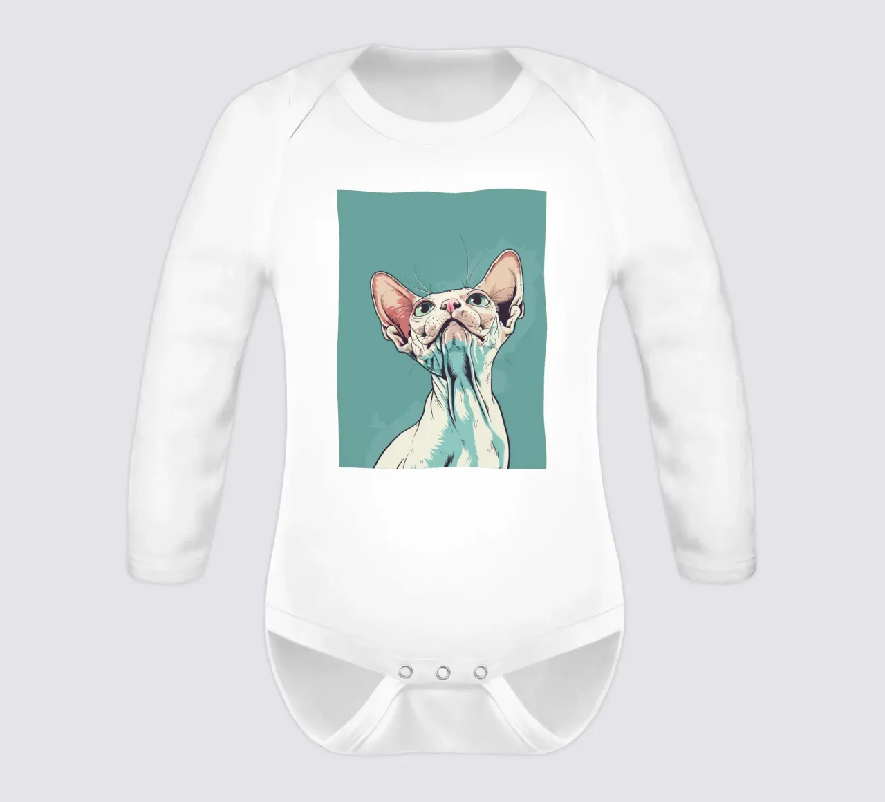 Gatto Sphynx con lo sguardo rivolto verso l'alto su uno sfondo semplice e astratto w body neonato maniche lunghe da DesignDoodle