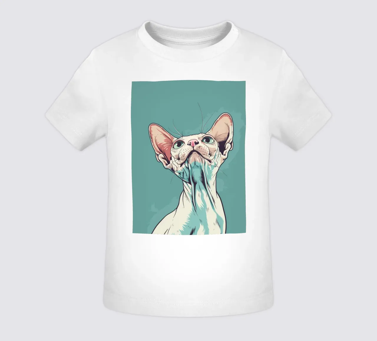 Gatto Sphynx con lo sguardo rivolto verso l'alto su uno sfondo semplice e astratto w maglietta neonato da DesignDoodle
