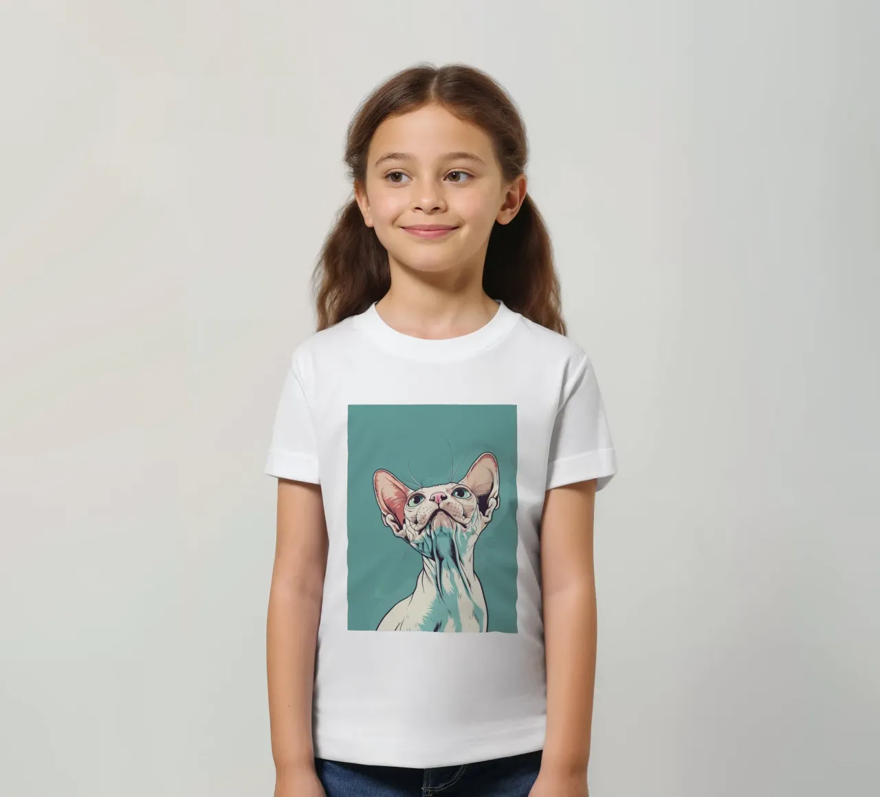 Gatto Sphynx con lo sguardo rivolto verso l'alto su uno sfondo semplice e astratto w t-shirt bambini da DesignDoodle