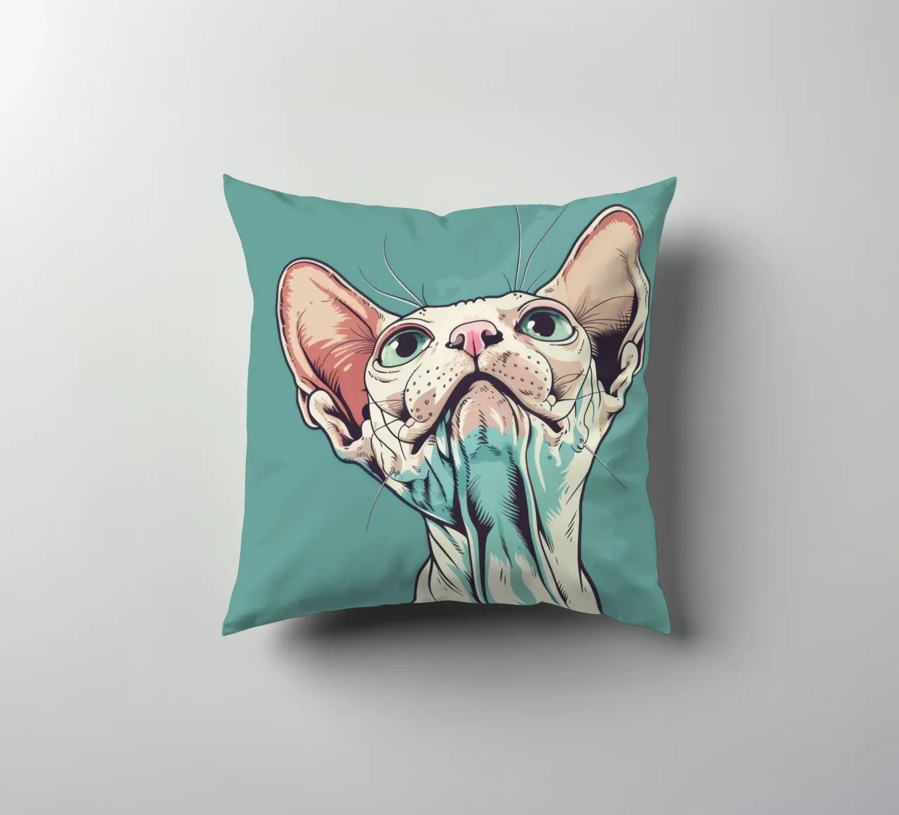 Sphynx cat gazing upwards in a simple, abstract background w decorative cushion by DesignDoodle