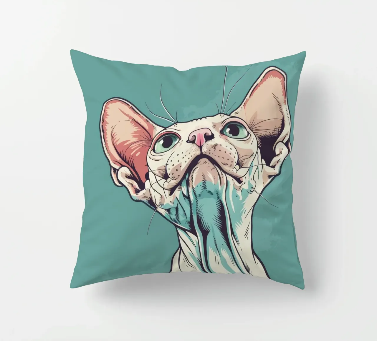 Sphynx cat gazing upwards in a simple, abstract background w decorative cushion by DesignDoodle