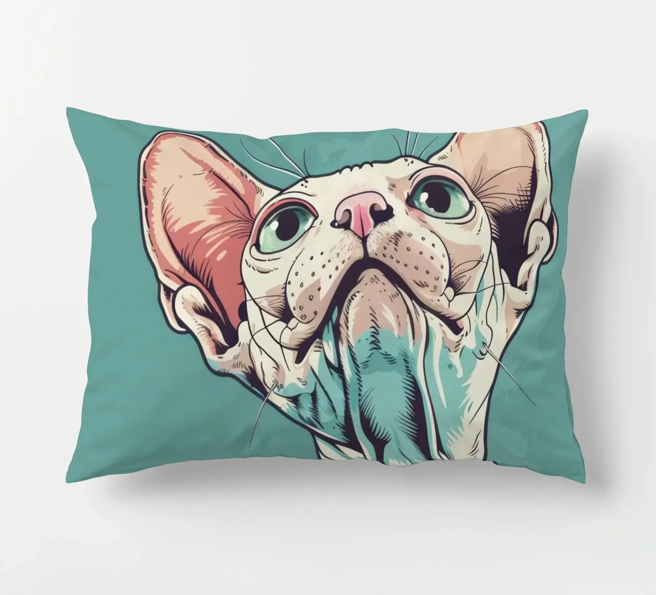 Sphynx cat gazing upwards in a simple, abstract background w decorative cushion by DesignDoodle