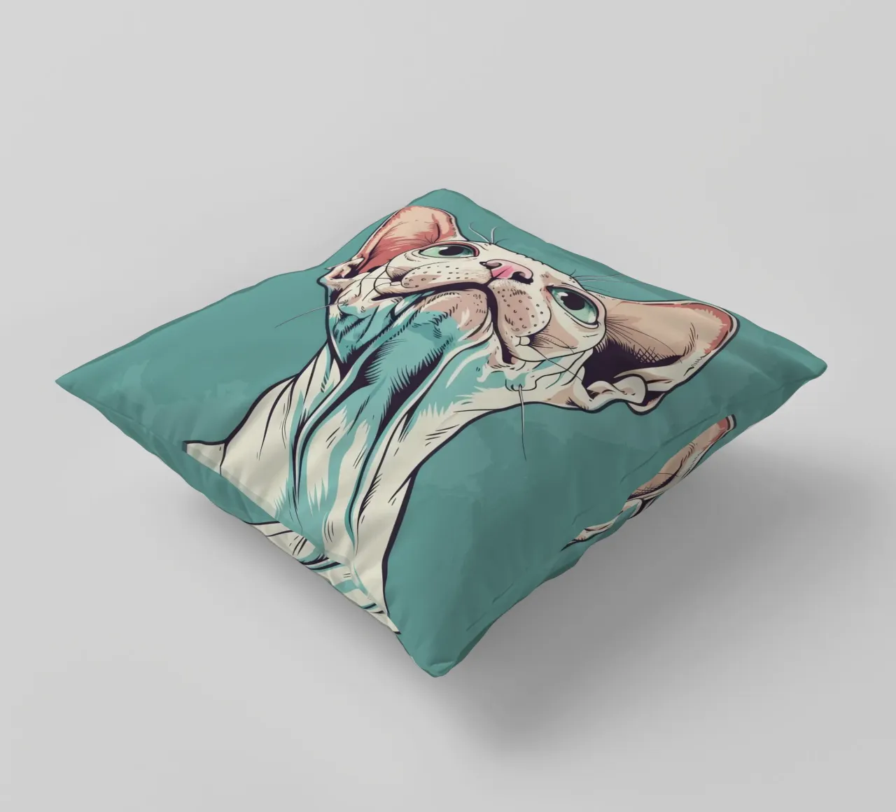 Sphynx cat gazing upwards in a simple, abstract background w decorative cushion by DesignDoodle