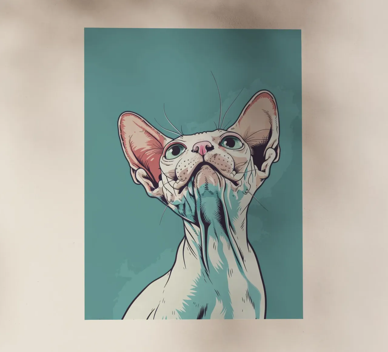 Sphynx cat gazing upwards in a simple, abstract background w backlit film by DesignDoodle