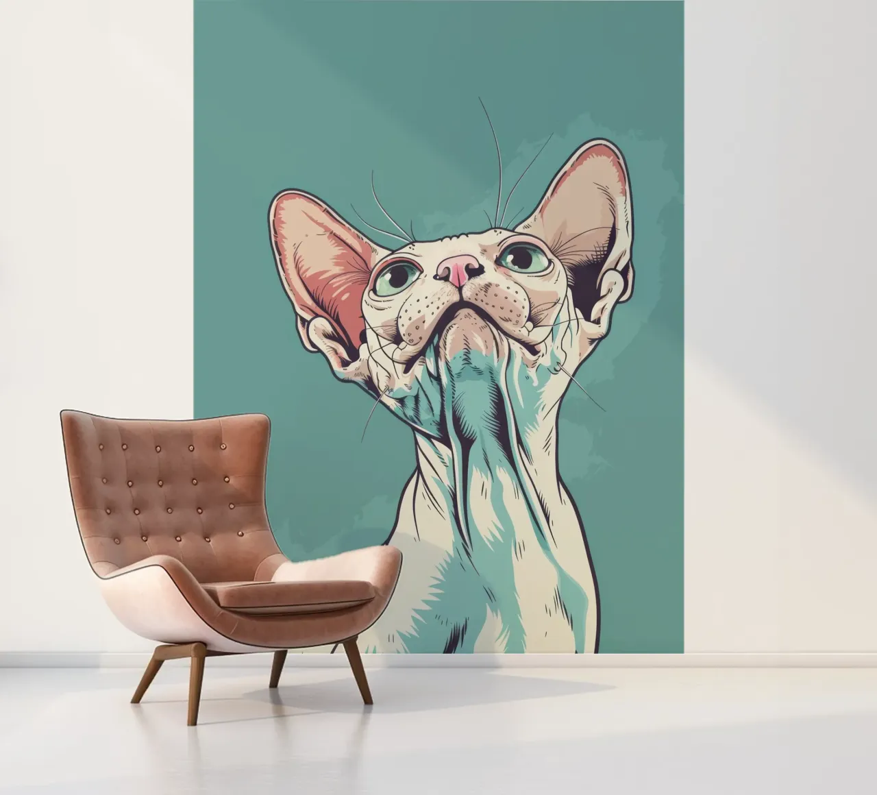 Gato Sphynx mirando hacia arriba en un fondo simple y abstracto w papel para pared de DesignDoodle