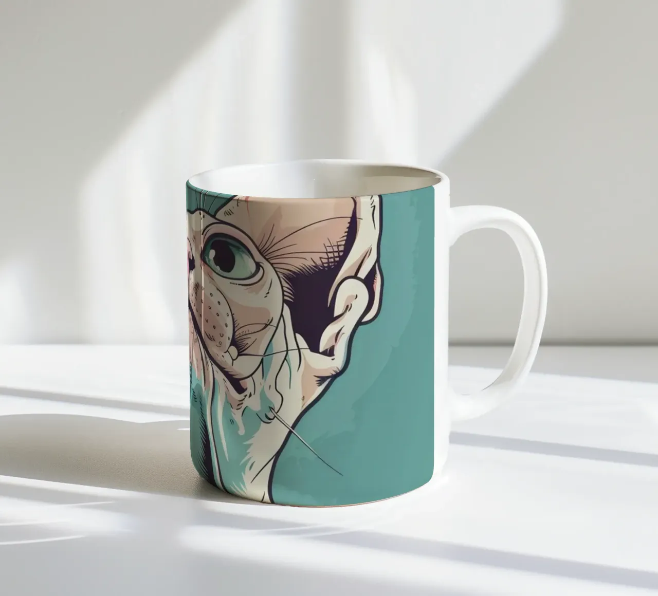 Sphynx cat gazing upwards in a simple, abstract background w ceramic mug by DesignDoodle