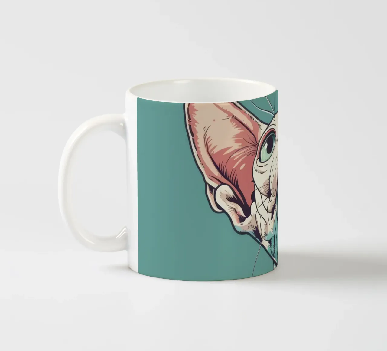 Sphynx cat gazing upwards in a simple, abstract background w ceramic mug by DesignDoodle
