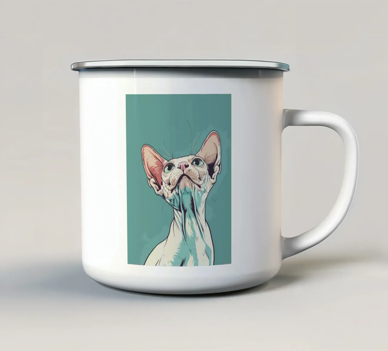 Sphynx cat gazing upwards in a simple, abstract background w enamel mug by DesignDoodle