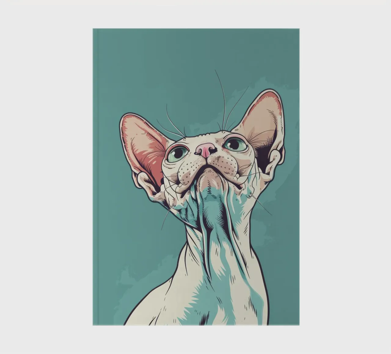 Sphynx cat gazing upwards in a simple, abstract background w notebook by DesignDoodle