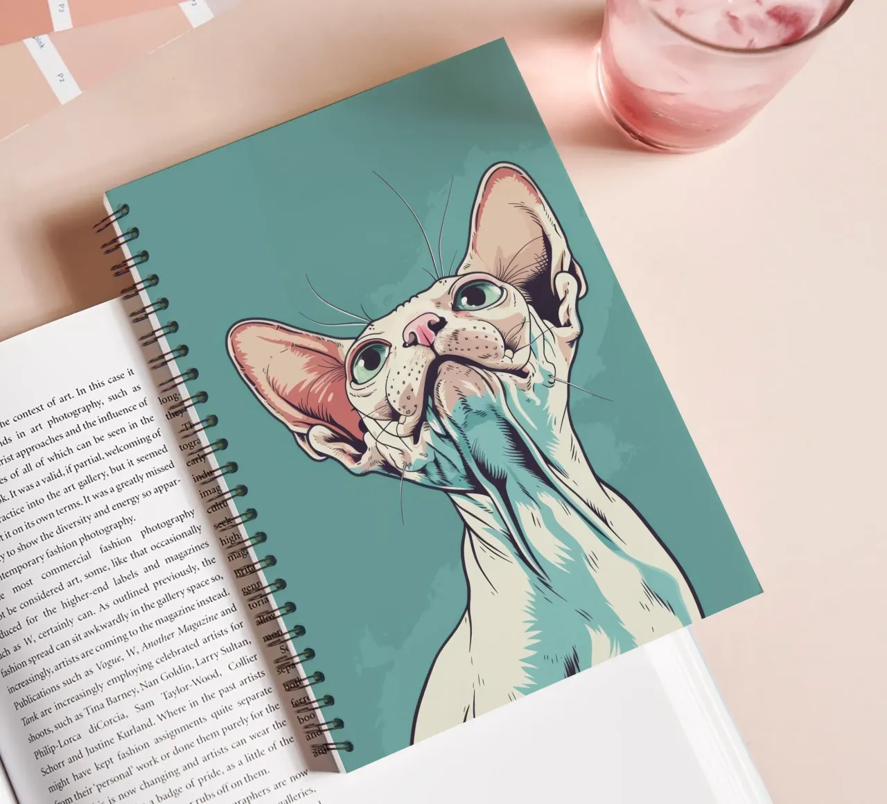 Sphynx cat gazing upwards in a simple, abstract background w spiral notebook by DesignDoodle