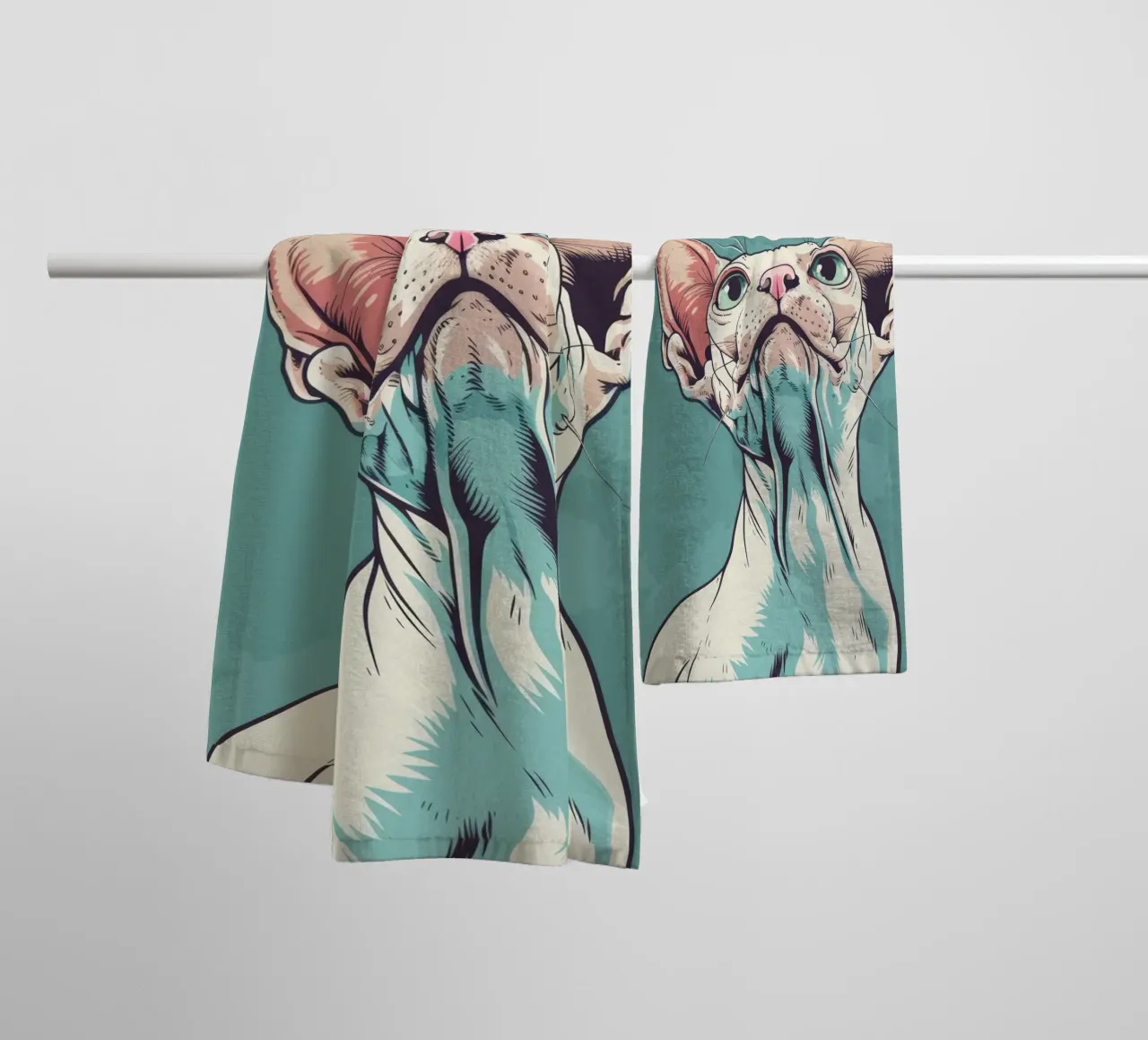 Sphynx-Katze mit Blick nach oben vor einem einfachen, abstrakten Hintergrund w Handtuch von DesignDoodle