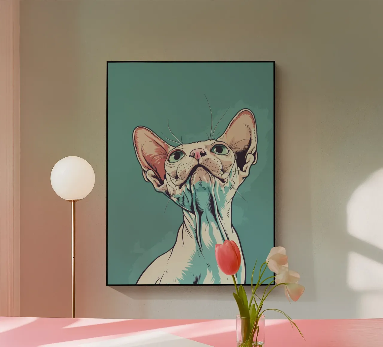 Gato Sphynx mirando hacia arriba en un fondo simple y abstracto w metacrilato de DesignDoodle