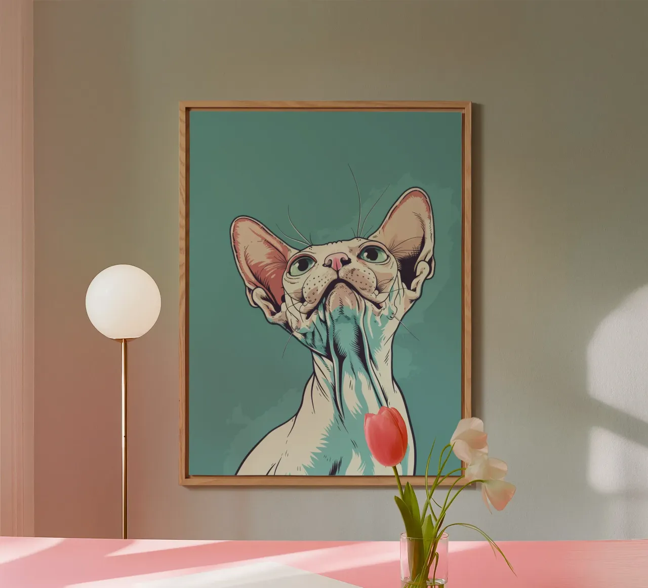 Sphynx cat gazing upwards in a simple, abstract background w forex plate by DesignDoodle