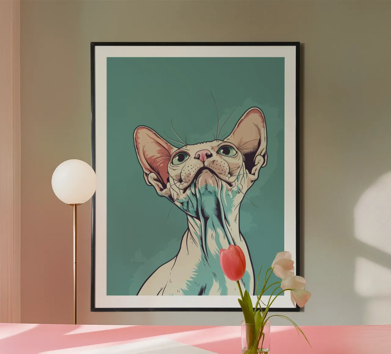 Sphynx cat gazing upwards in a simple, abstract background w hahnemühle by DesignDoodle