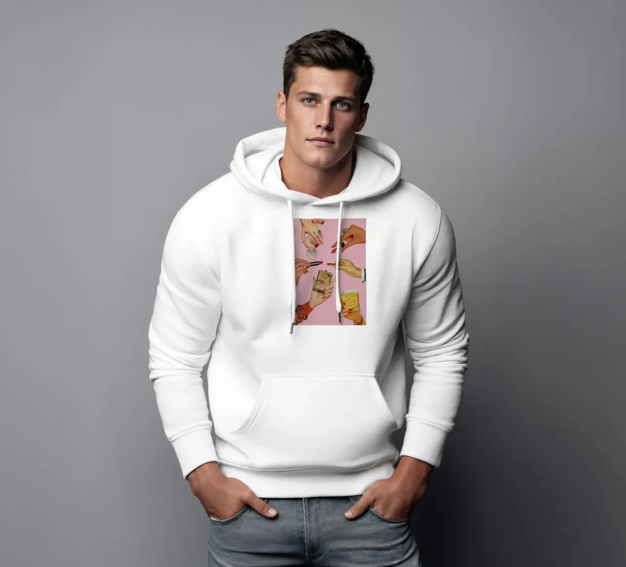 manos pintalabios joyas anillo sudadera con capucha de Adam Murray