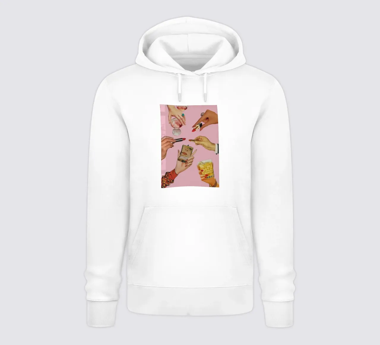 manos pintalabios joyas anillo sudadera con capucha de Adam Murray