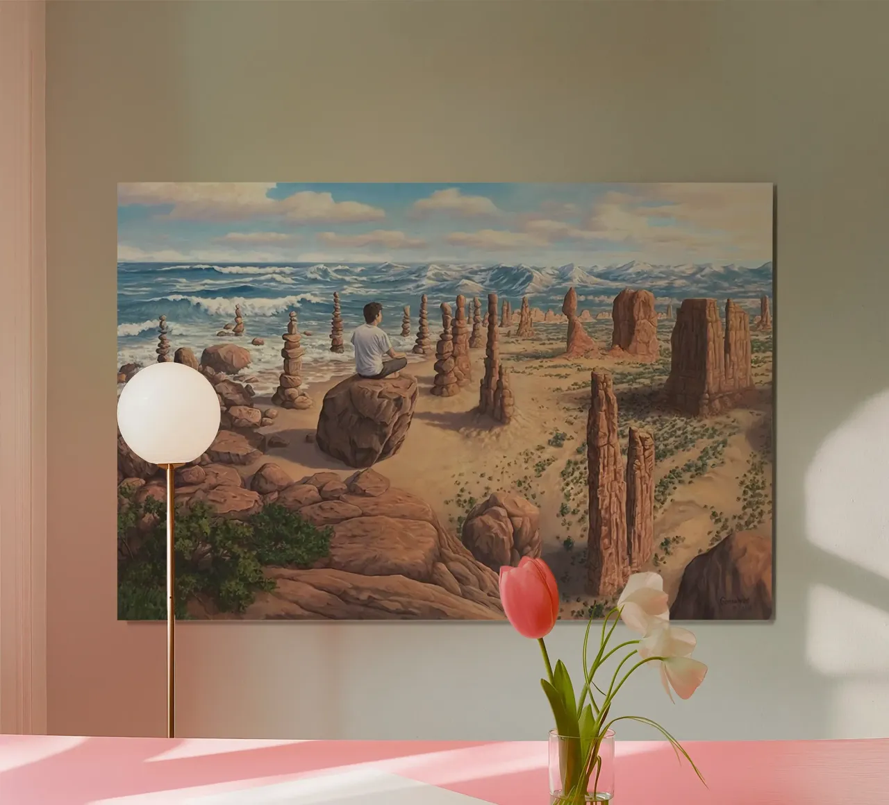 Rob Gonsalves Streben nach Gleichgewicht Poster mit Kunststoffrahmen von Trudeau Art Galley