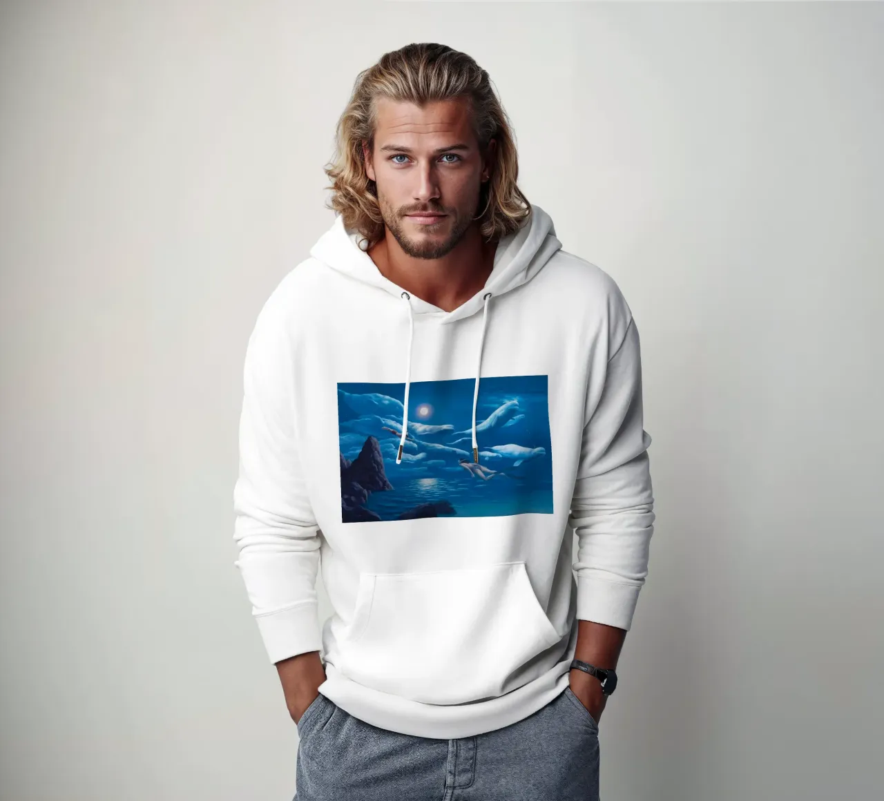 Rob Gonsalves Natación con delfines sudadera con capucha de Trudeau Art Galley