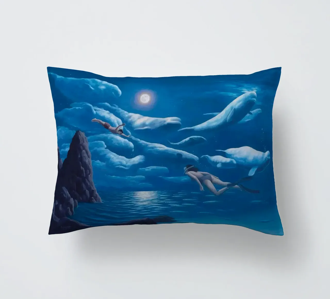 Rob Gonsalves Nuoto dei delfini cuscino da Trudeau Art Galley
