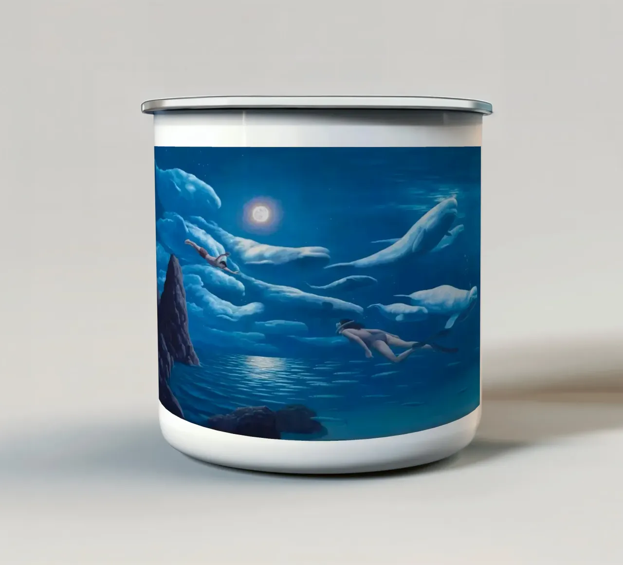 Rob Gonsalves Nuoto dei delfini tazza in smalto da Trudeau Art Galley