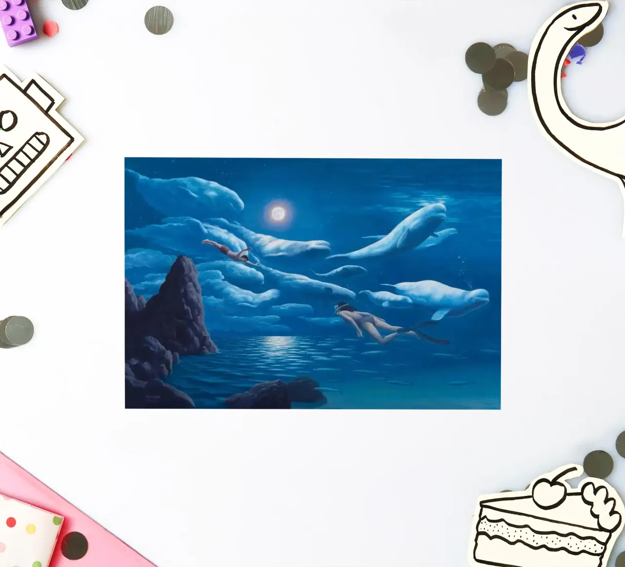 Rob Gonsalves Natación con delfines pegatina de Trudeau Art Galley