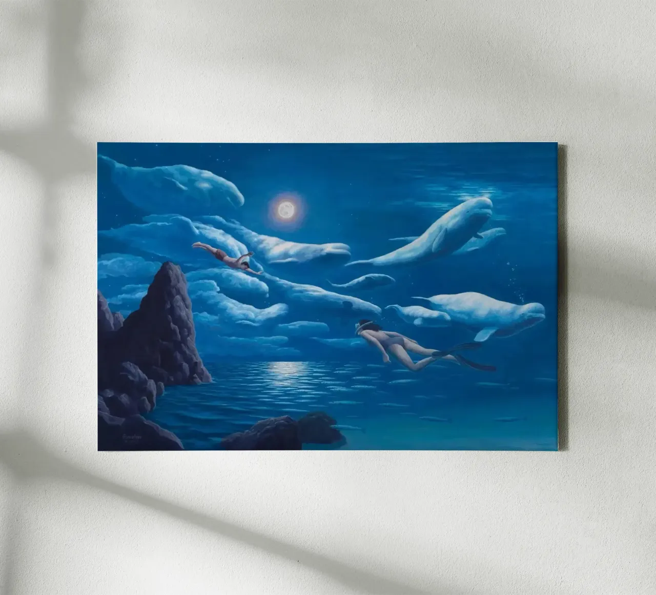 Rob Gonsalves Delphine schwimmen Leinwand von Trudeau Art Galley