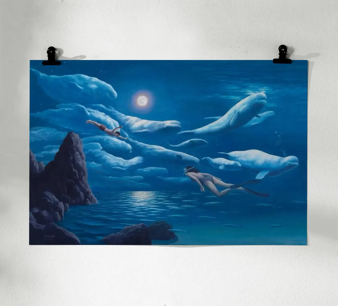 Rob Gonsalves Natación con delfines hahnemühle de Trudeau Art Galley