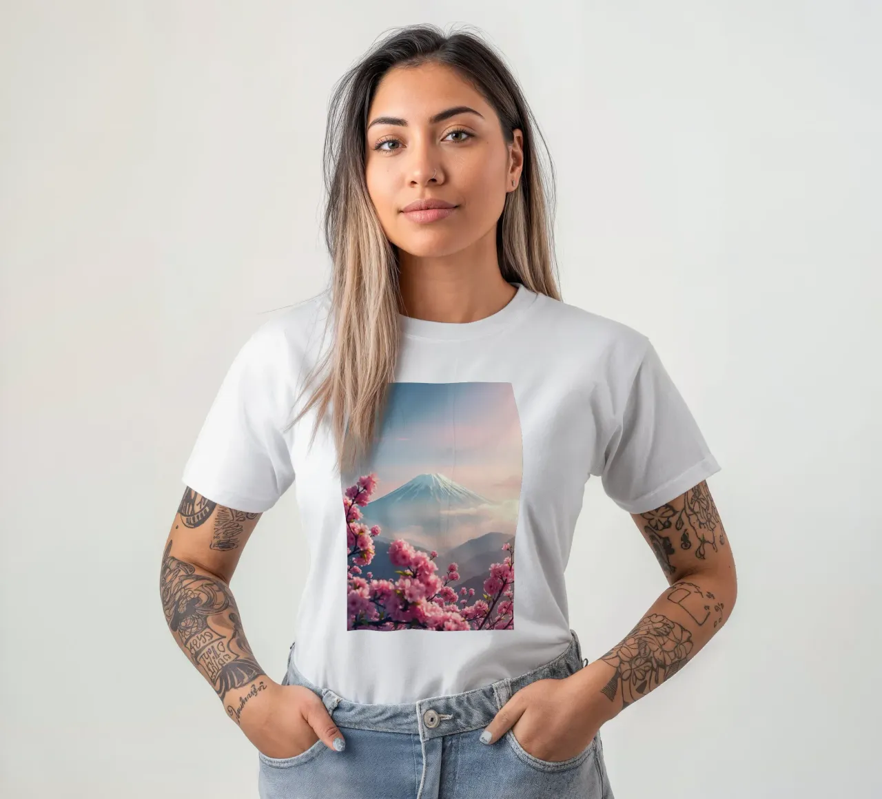 Il Monte Fuji in Giappone con i ciliegi in fiore t-shirt da RB-Digital-Paintings