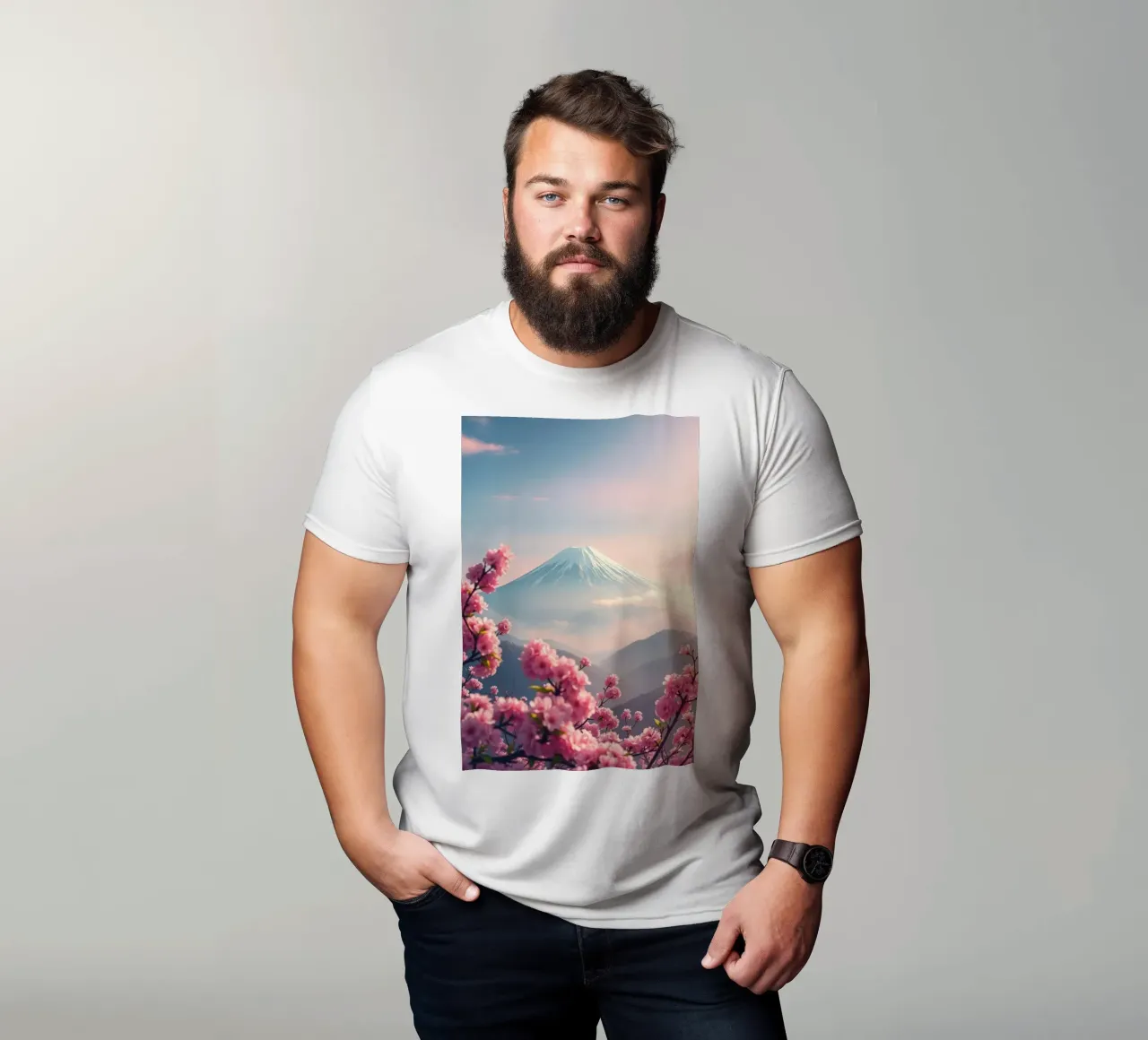 Il Monte Fuji in Giappone con i ciliegi in fiore t-shirt da RB-Digital-Paintings
