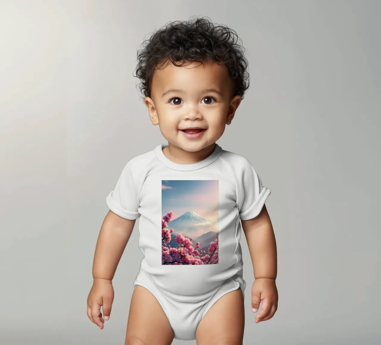 Il Monte Fuji in Giappone con i ciliegi in fiore body neonato maniche corte da RB-Digital-Paintings