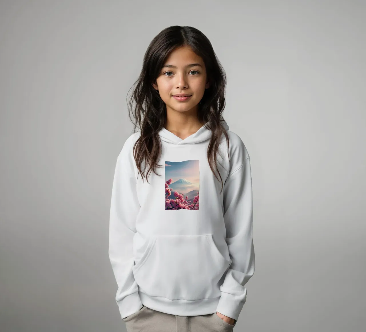 Il Monte Fuji in Giappone con i ciliegi in fiore felpa bambino con cappuccio da RB-Digital-Paintings