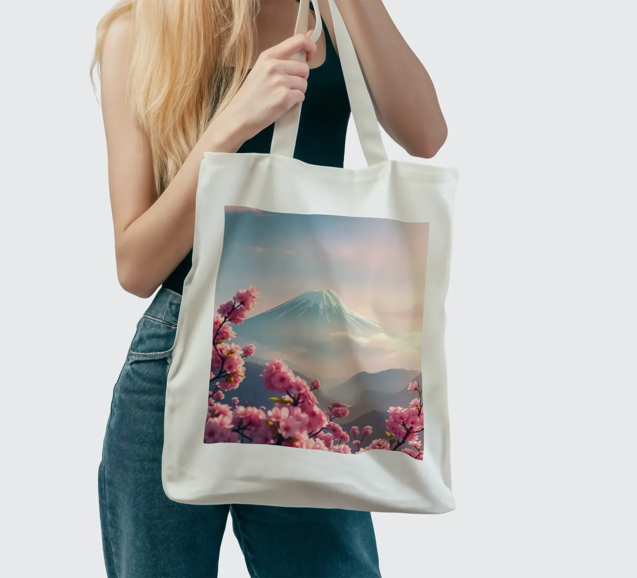 Il Monte Fuji in Giappone con i ciliegi in fiore borsa in juta da RB-Digital-Paintings