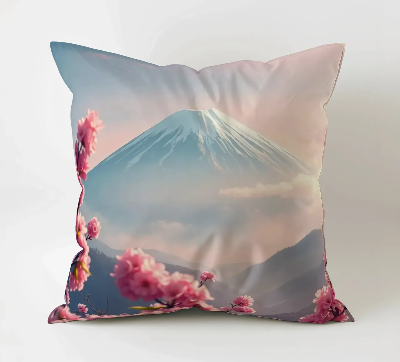 Il Monte Fuji in Giappone con i ciliegi in fiore cuscino da RB-Digital-Paintings