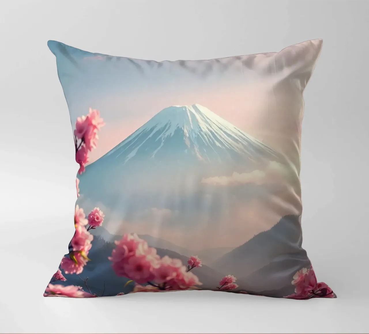 Il Monte Fuji in Giappone con i ciliegi in fiore cuscino da RB-Digital-Paintings