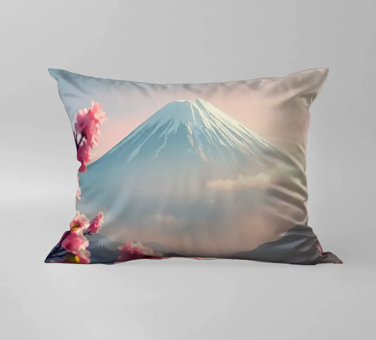 Il Monte Fuji in Giappone con i ciliegi in fiore cuscino da RB-Digital-Paintings