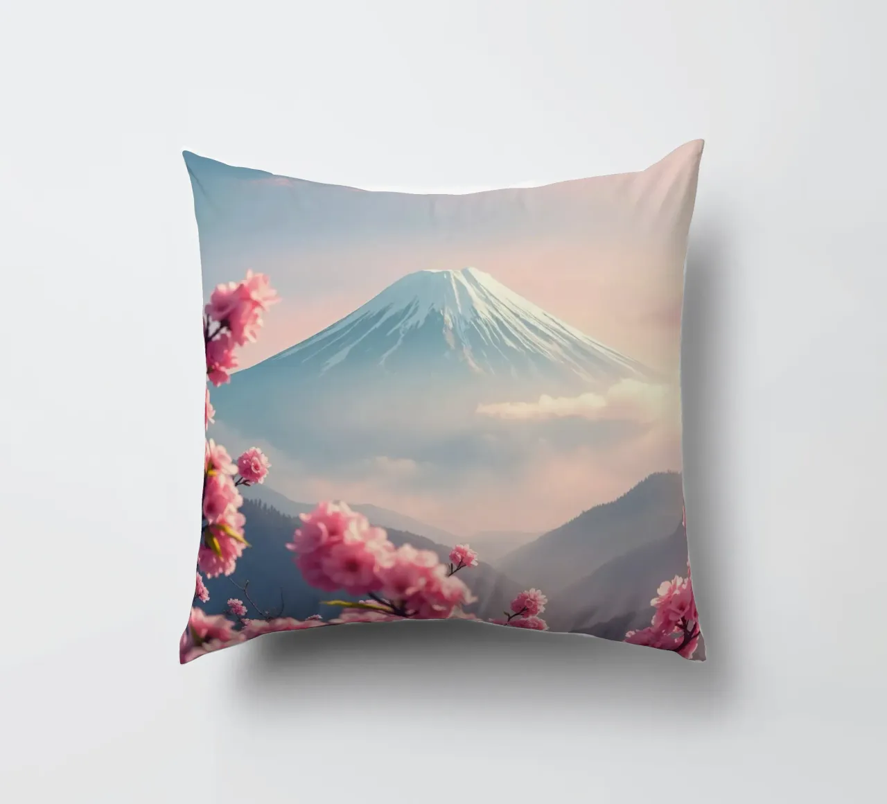Il Monte Fuji in Giappone con i ciliegi in fiore cuscino da RB-Digital-Paintings