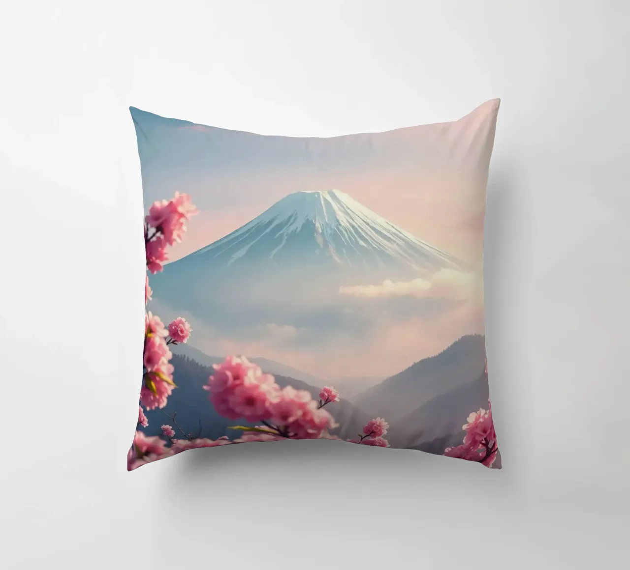 Il Monte Fuji in Giappone con i ciliegi in fiore cuscino da RB-Digital-Paintings