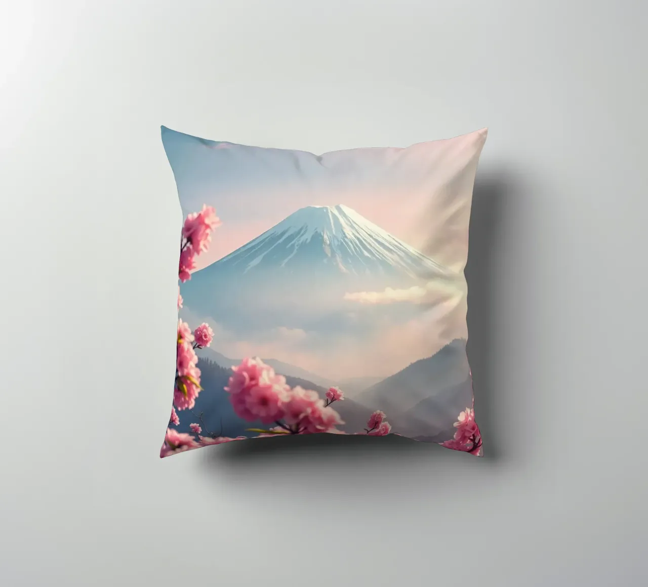 Il Monte Fuji in Giappone con i ciliegi in fiore cuscino da RB-Digital-Paintings